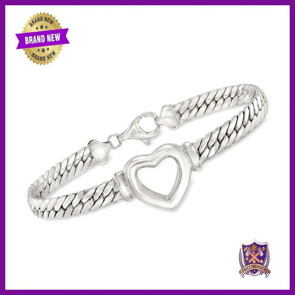 Sterling Silver Cuban Link Heart Bracelet 7in Lobster Clasp